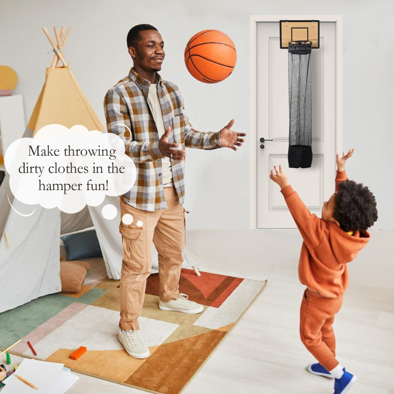 Wooden Basketball Hoop Laundry Hamper for Kids & Dorm