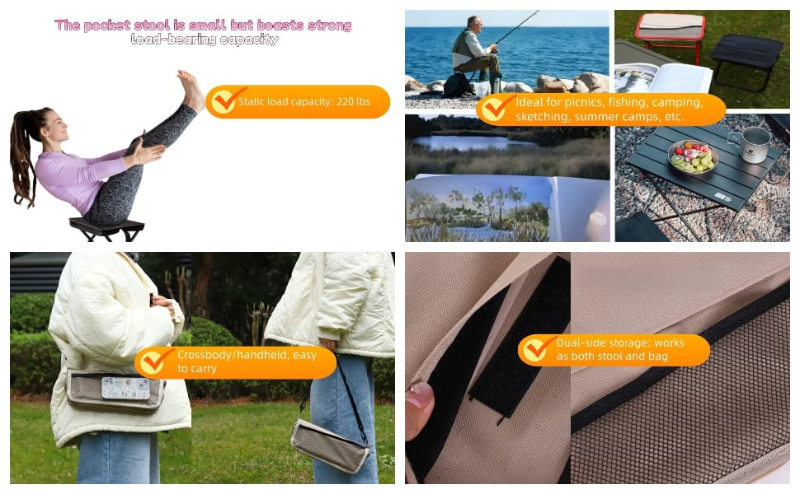Dual Pocket Foldable Camping Stool for Outdoor