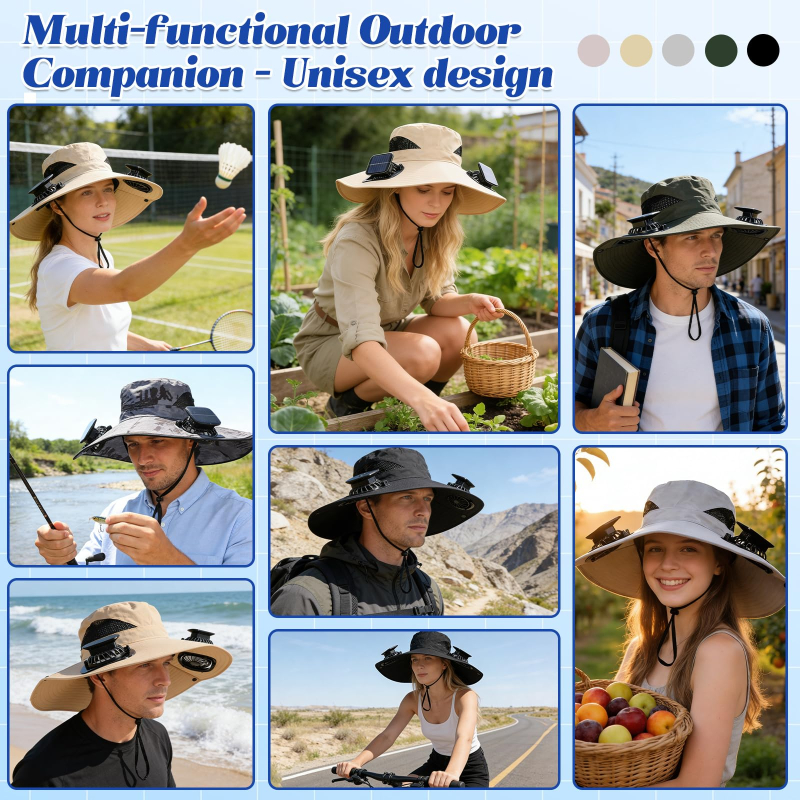 Wide Brim Solar Fan Sun Hat UV Protection Fishing Hat for Outdoor