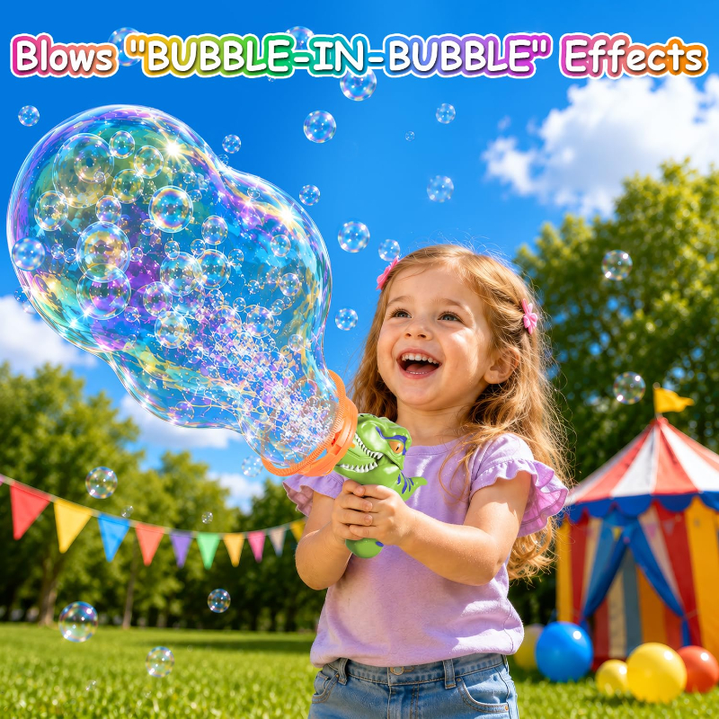 🦖 Dinosaur Bubble Gun - Blows Giant Bubbles Nonstop! Perfect Birthday/Christmas Gift for Kids 3-9