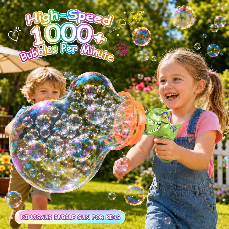 🦖 Dinosaur Bubble Gun - Blows Giant Bubbles Nonstop! Perfect Birthday/Christmas Gift for Kids 3-9
