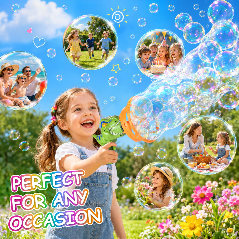 🦖 Dinosaur Bubble Gun - Blows Giant Bubbles Nonstop! Perfect Birthday/Christmas Gift for Kids 3-9