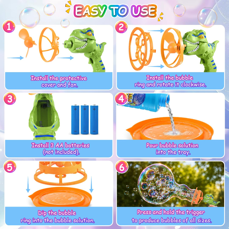 🦖 Dinosaur Bubble Gun - Blows Giant Bubbles Nonstop! Perfect Birthday/Christmas Gift for Kids 3-9