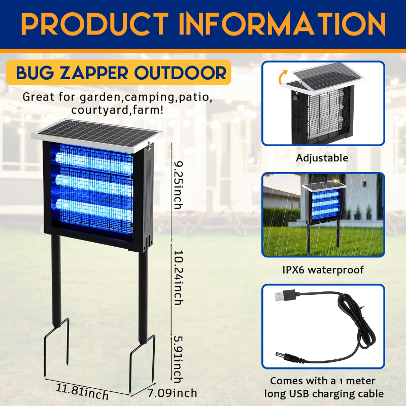 Qualirey Solar Outdoor Bug Zapper, 3000V Waterproof Rechargeable Insect Killer with Ground Stake