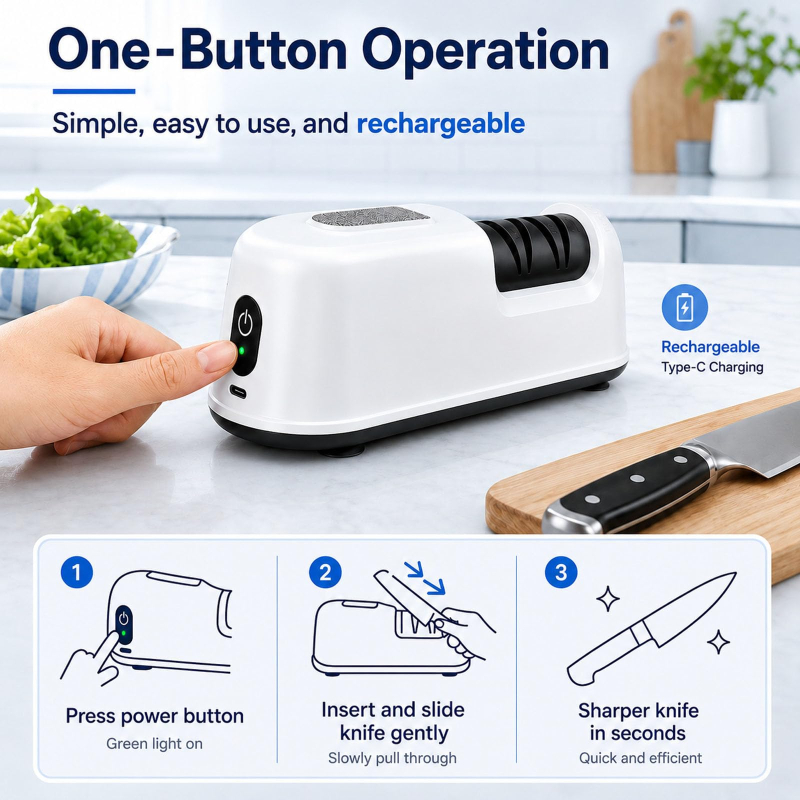 2‑Stage Electric Chef Knife Sharpener – White | For Home & Beginners