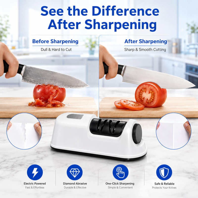 2‑Stage Electric Chef Knife Sharpener – White | For Home & Beginners