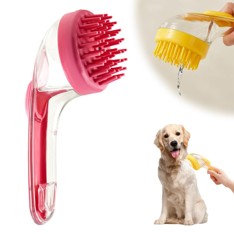 New Shampoo Dispenser Pet Bath Brush, Soft Silicone Dog Massage Grooming Brush for Dogs & Cats