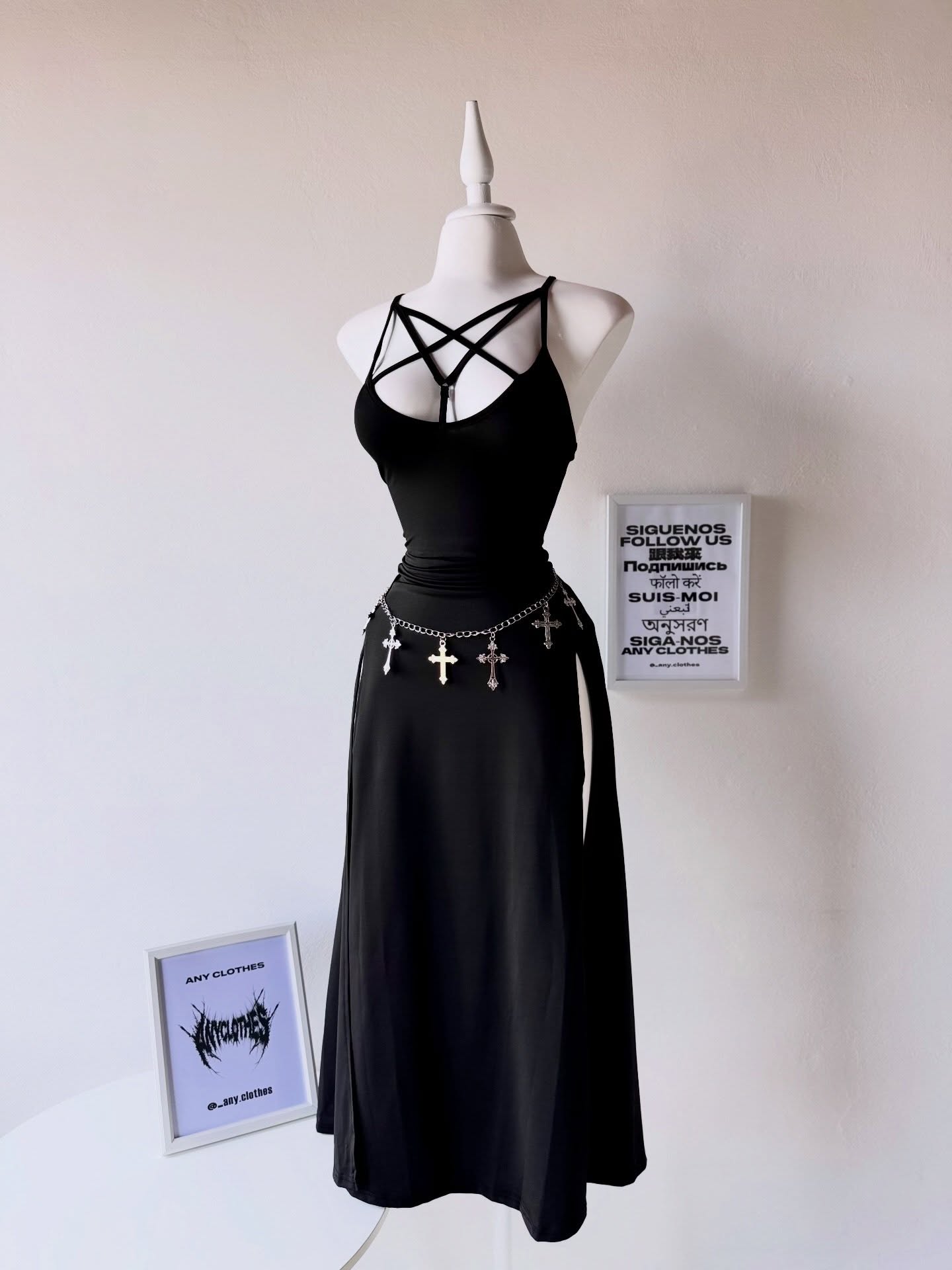 Gothic Crisscross Front Split Thigh Cami Dress