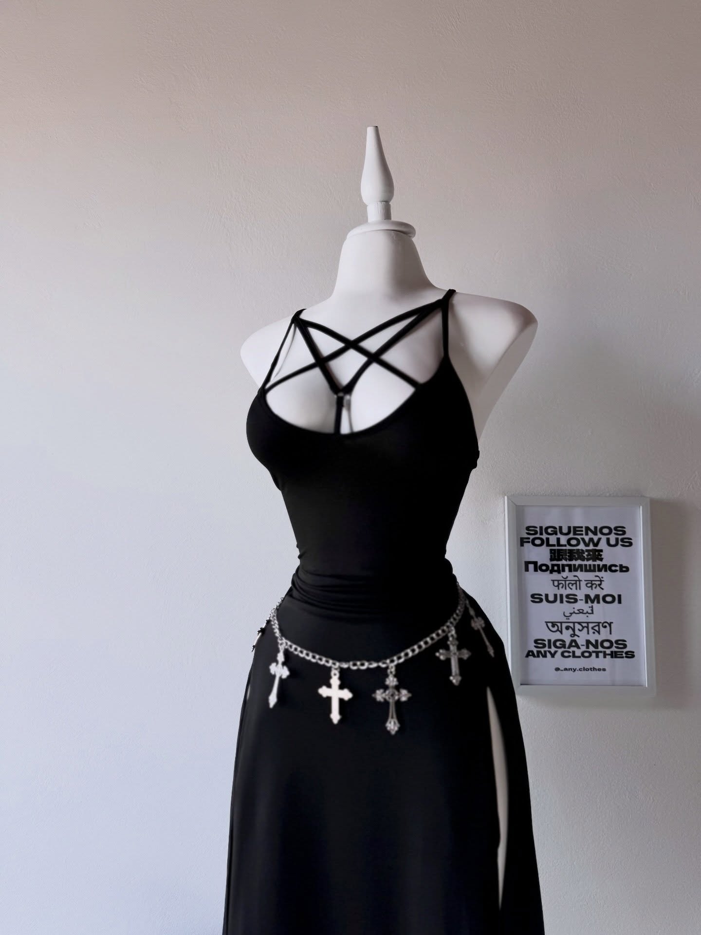 Gothic Crisscross Front Split Thigh Cami Dress