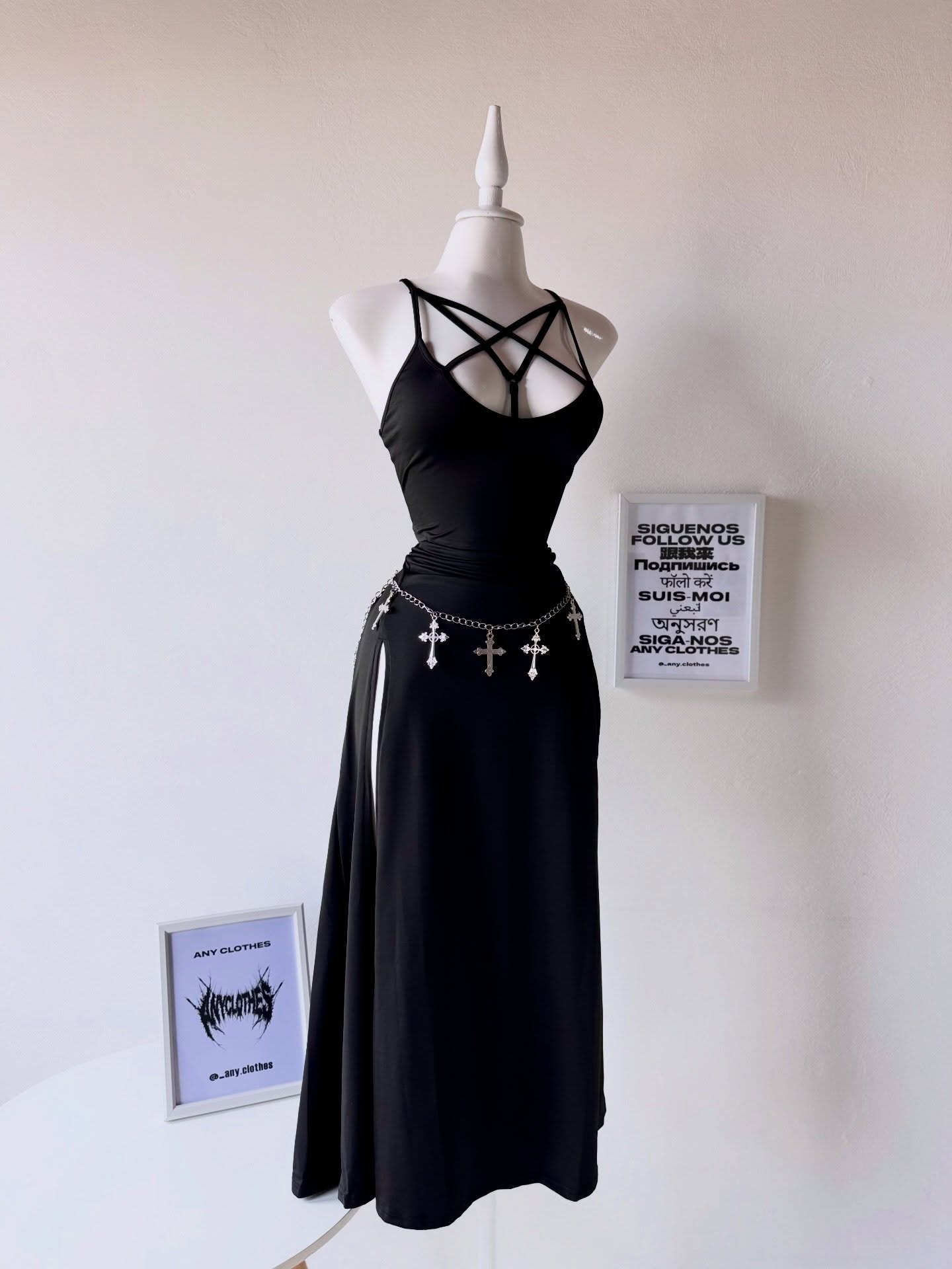 Gothic Crisscross Front Split Thigh Cami Dress