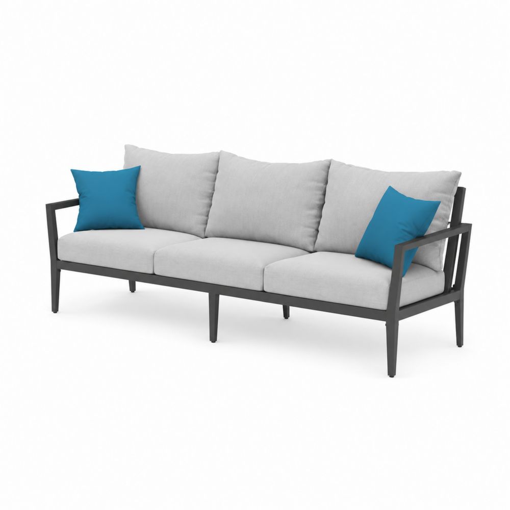 Sofa ogrodowa trzyosobowa z szarymi poduszkami i stalową ramą-Domitorin