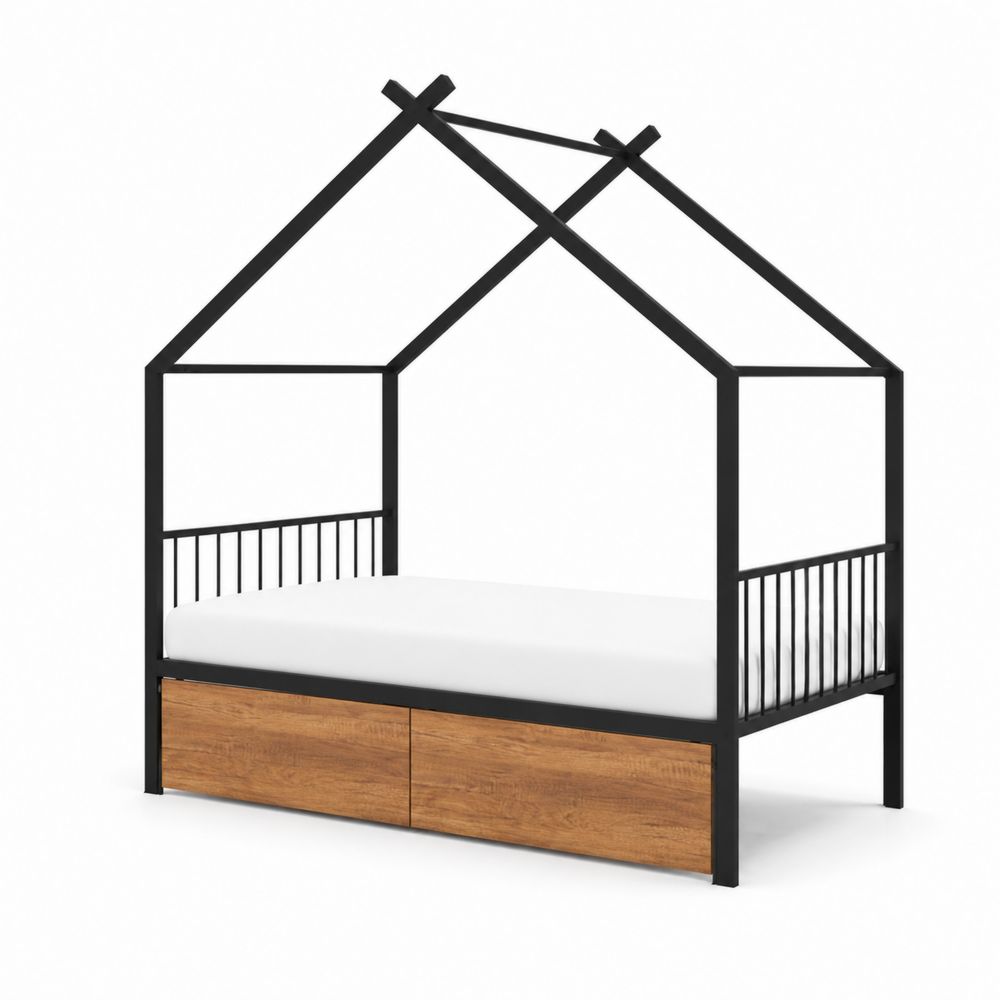 Łóżko dziecięce metalowe z pojemnikiem, Czarny/Drewno 200x90 cm-Domitorin