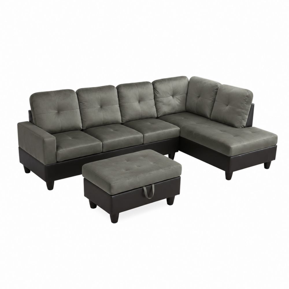 Narożna sofa modułowa z pufą tkanina i skóra sztuczna szaro-czarna 250x150cm-Domitorin