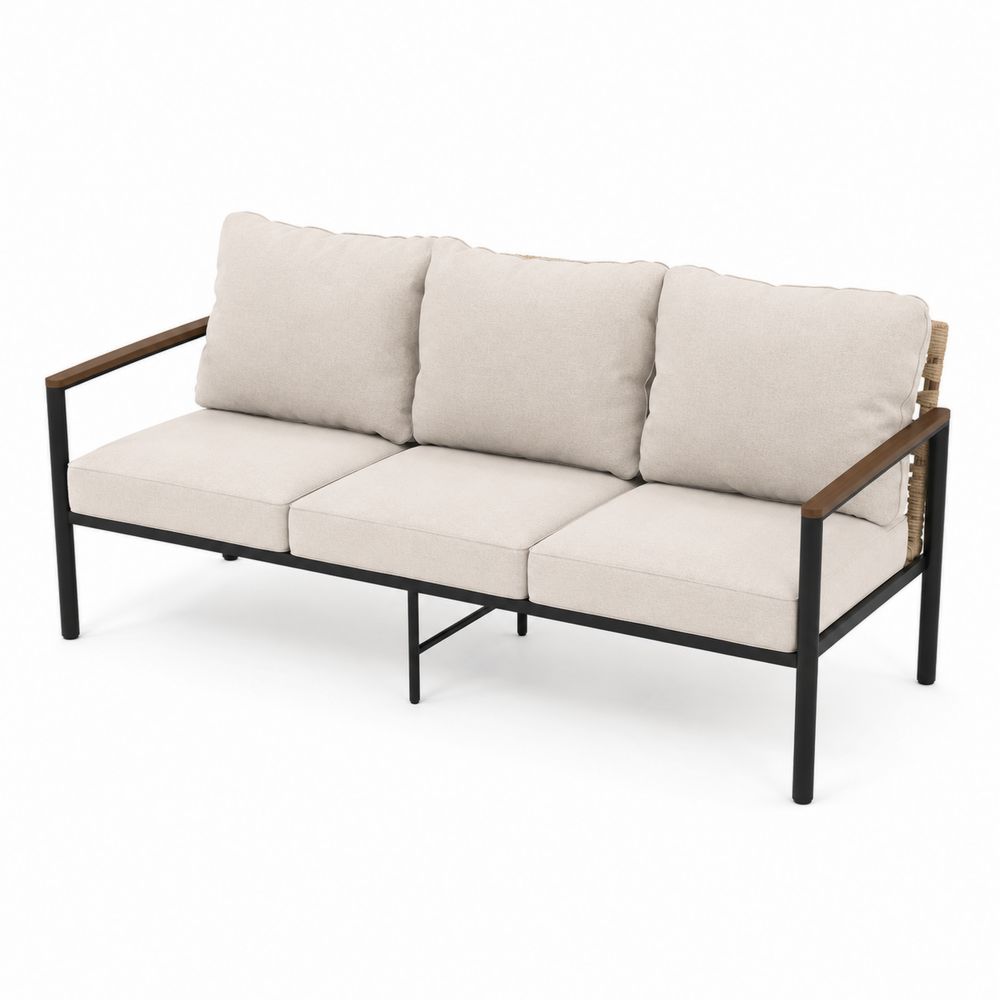 Sofa ogrodowa trzyosobowa metalowa z poduszkami z tkaniny beżowej