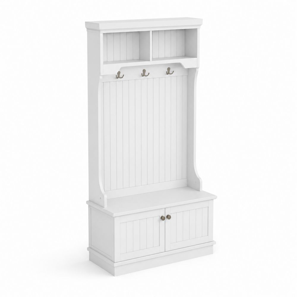 Biały wieszak na korytarz z półkami z MDF 180 cm