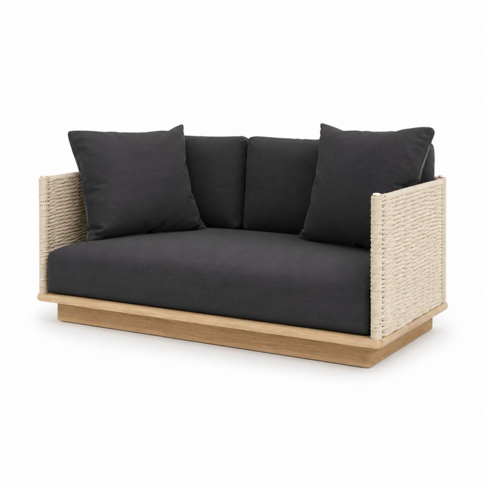 Modułowa dwuosobowa sofa ogrodowa z drewna i liny, antracytowa