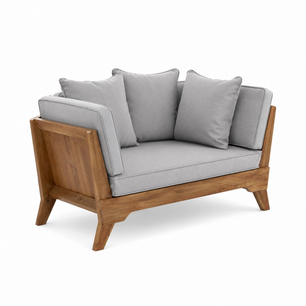 Sofa dwuosobowa z drewna tekowego i tkaniny szarej