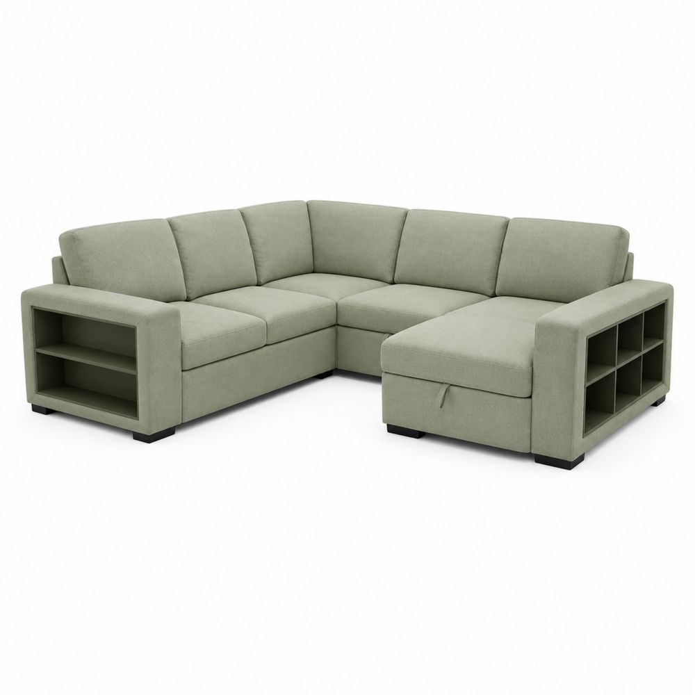 Narożna sofa z półkami, tkanina poliestrowa, Zielony