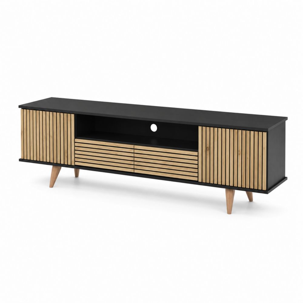 Szafka RTV z MDF i drewna jesionowego Czarna 180x40x40 cm