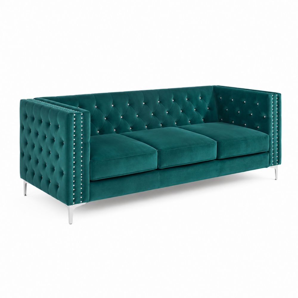 Sofa welurowa 3-osobowa ciemnozielona z metalowymi nogami