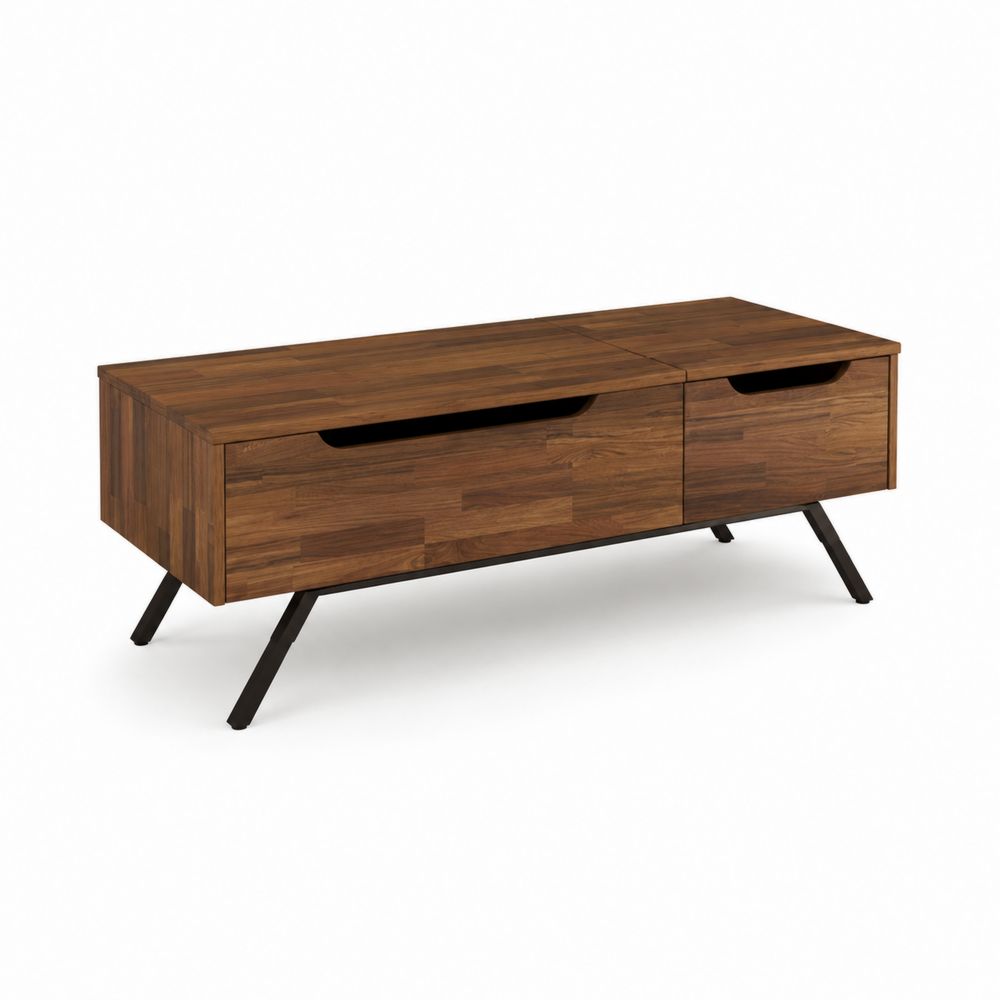 Stolik kawowy z drewna akacjowego z metalowymi nogami, orzechowy, 110x45x40 cm