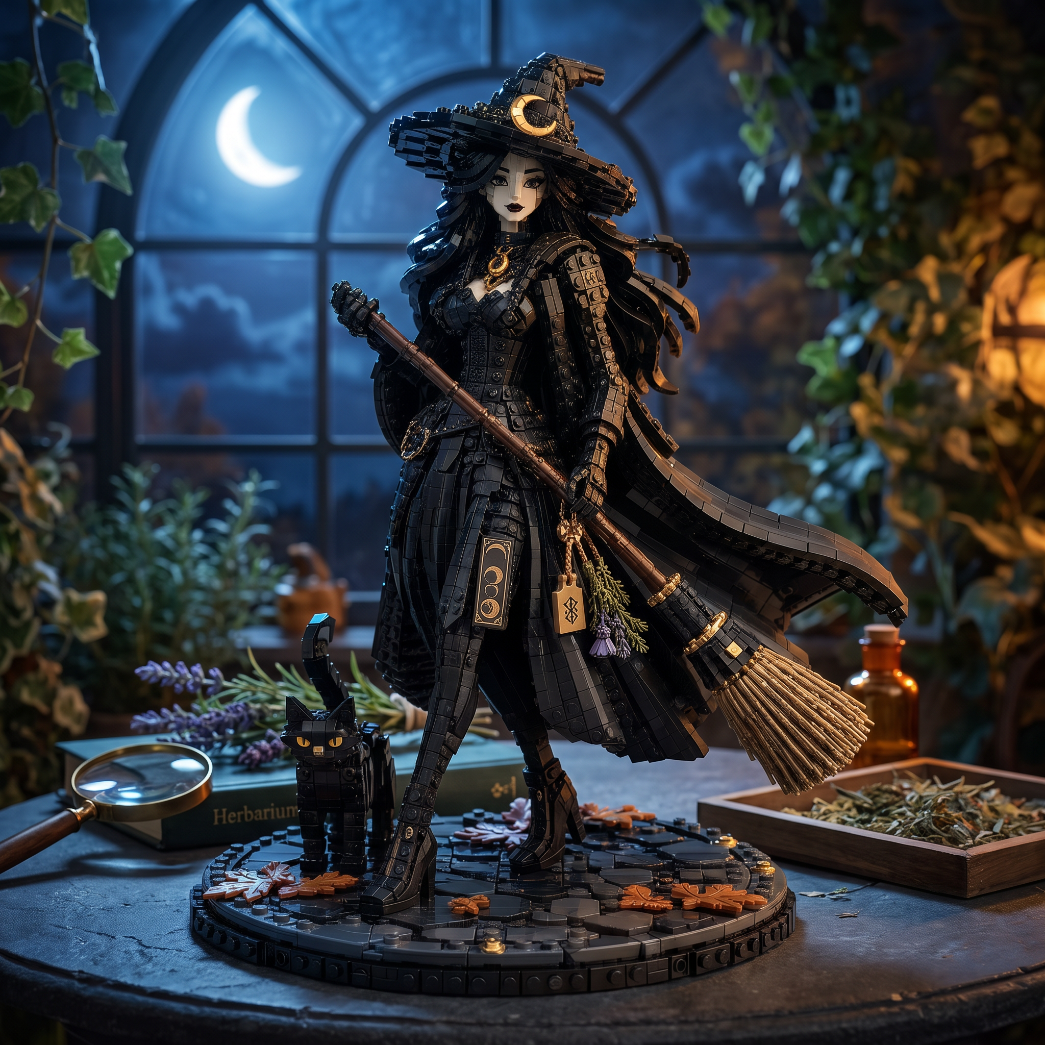 Moonlit Witch & Black Cat — Autumn Coven Guardian Collector Building Set