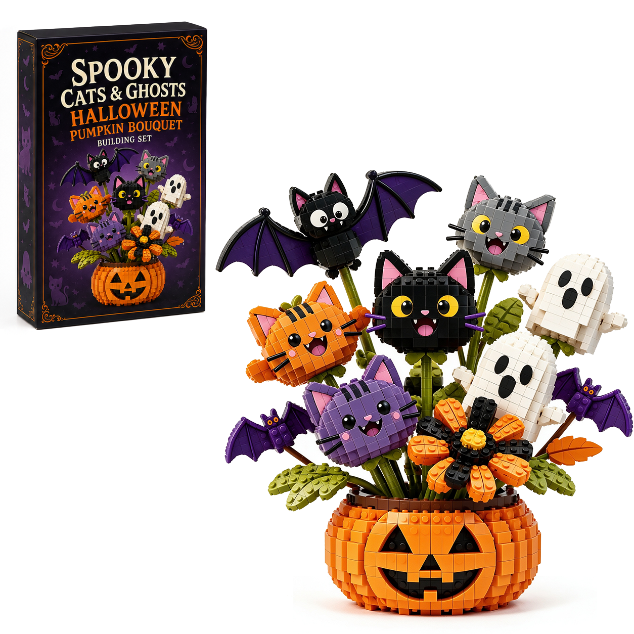Spooky Cats & Ghosts Halloween Pumpkin Bouquet Building Set