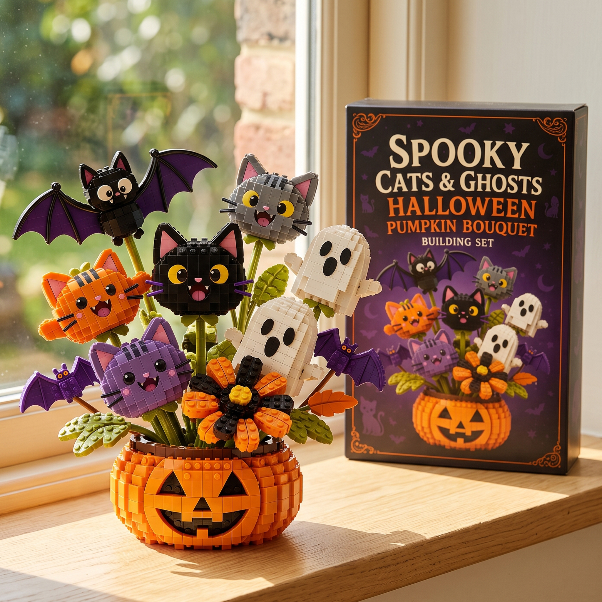 Spooky Cats & Ghosts Halloween Pumpkin Bouquet Building Set