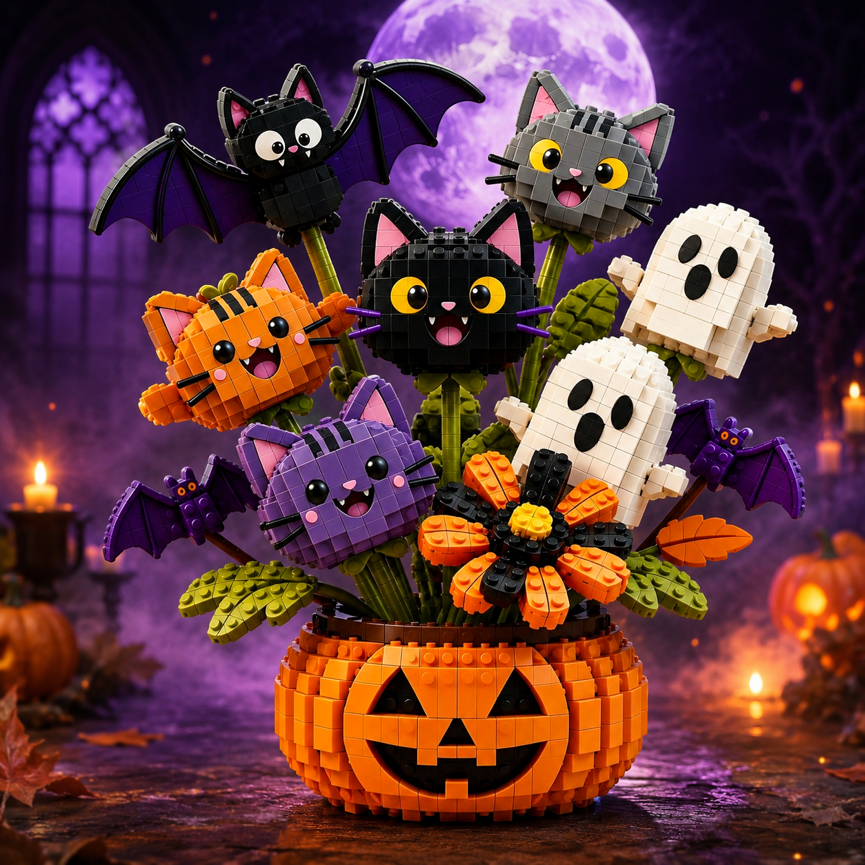 Spooky Cats & Ghosts Halloween Pumpkin Bouquet Building Set
