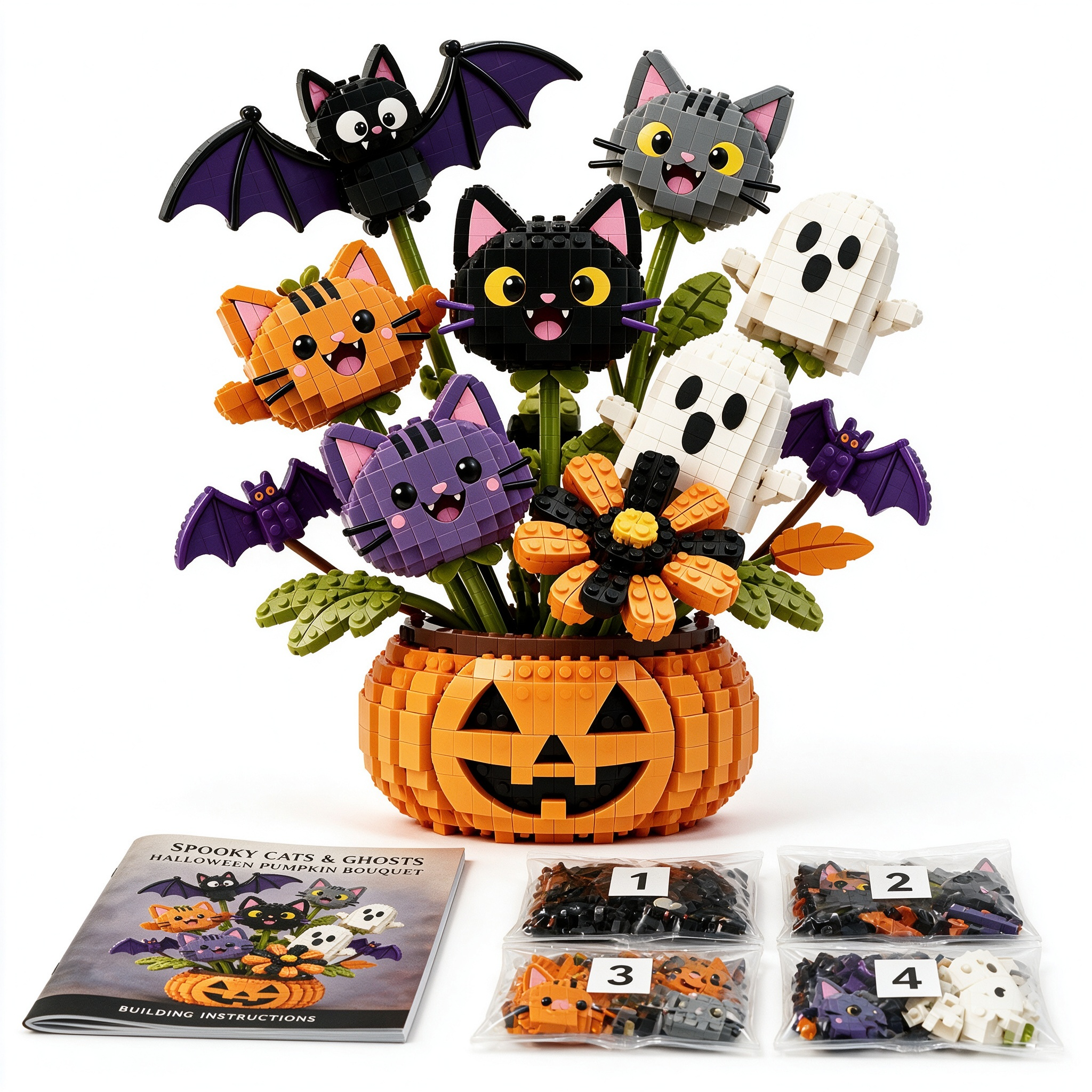 Spooky Cats & Ghosts Halloween Pumpkin Bouquet Building Set
