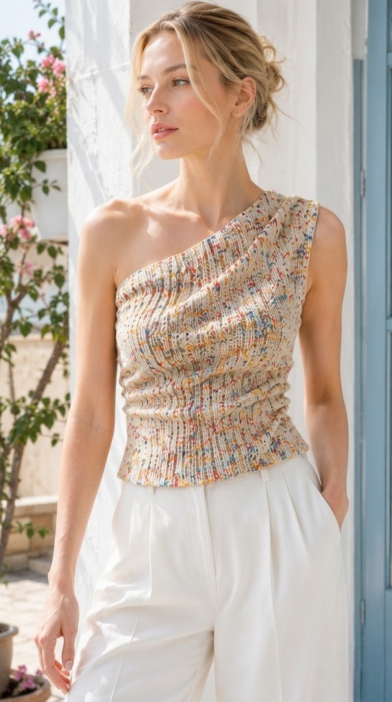 One-Shoulder Textured Knit Top & Wide-Leg Trousers Set