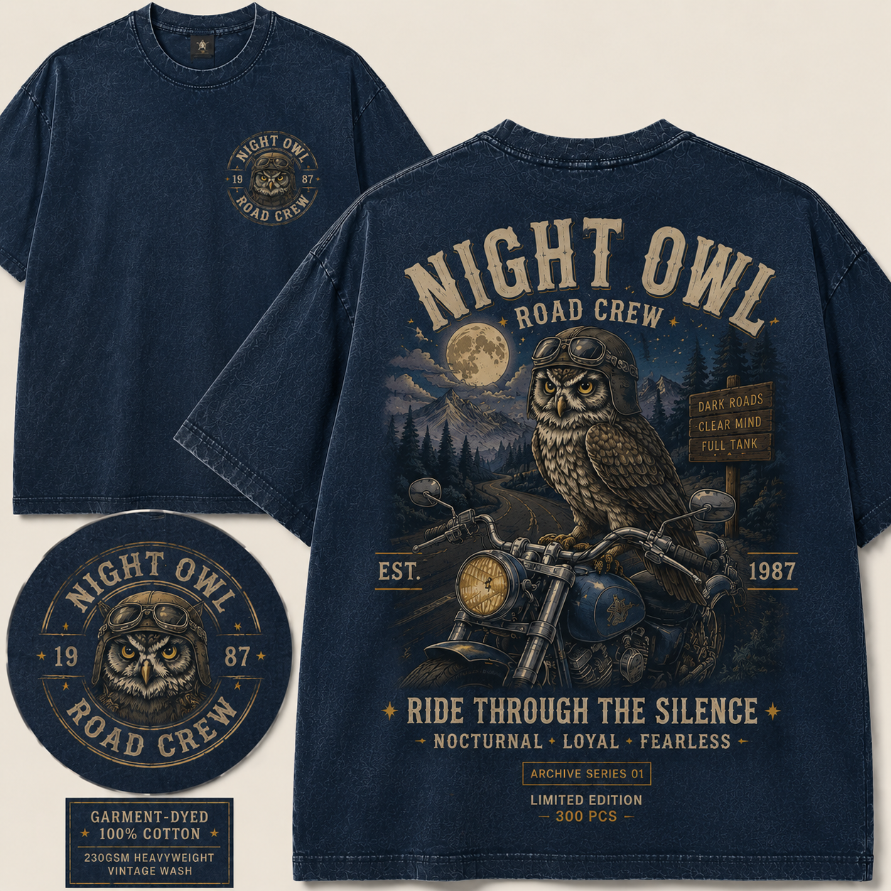 "Night Owl Road Crew" Vintage Biker Graphic Tee
