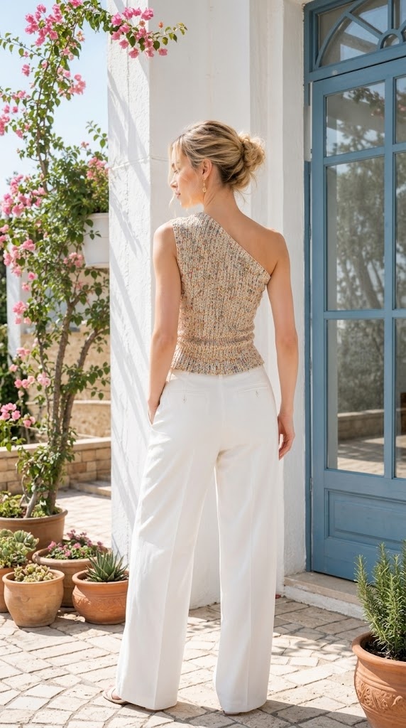 One-Shoulder Textured Knit Top & Wide-Leg Trousers Set