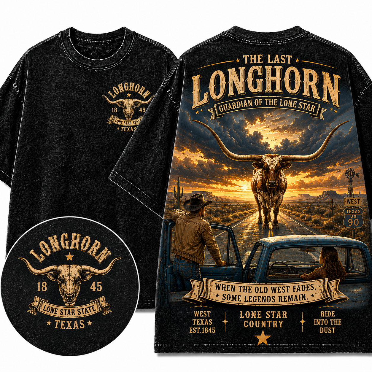 "The Last Longhorn" Vintage Texas Route 90 Graphic Tee