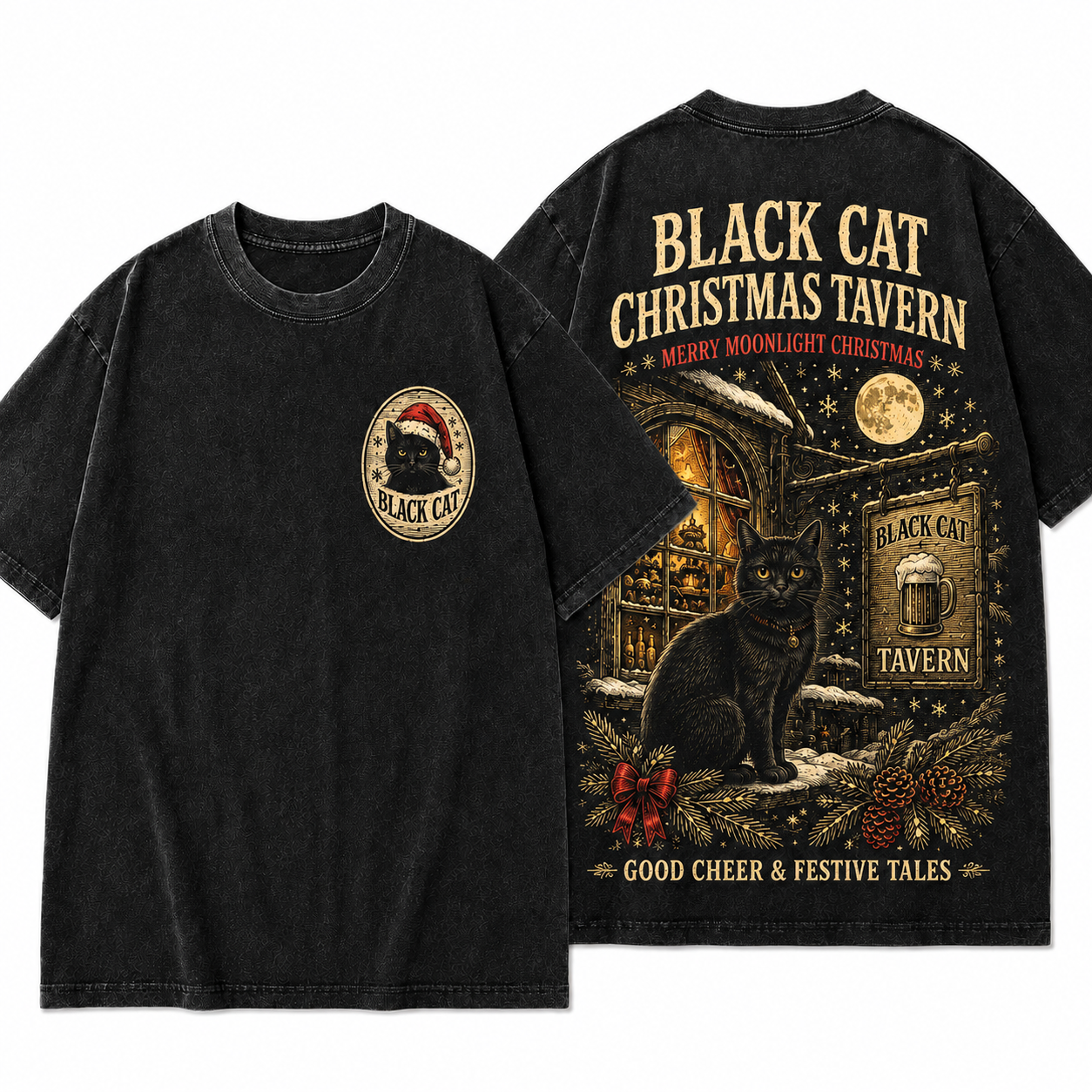 "Black Cat Christmas Tavern" Vintage Holiday Graphic Tee
