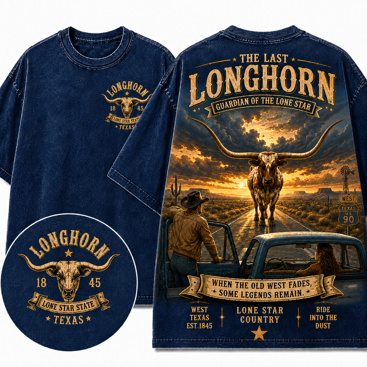 "The Last Longhorn" Vintage Texas Route 90 Graphic Tee