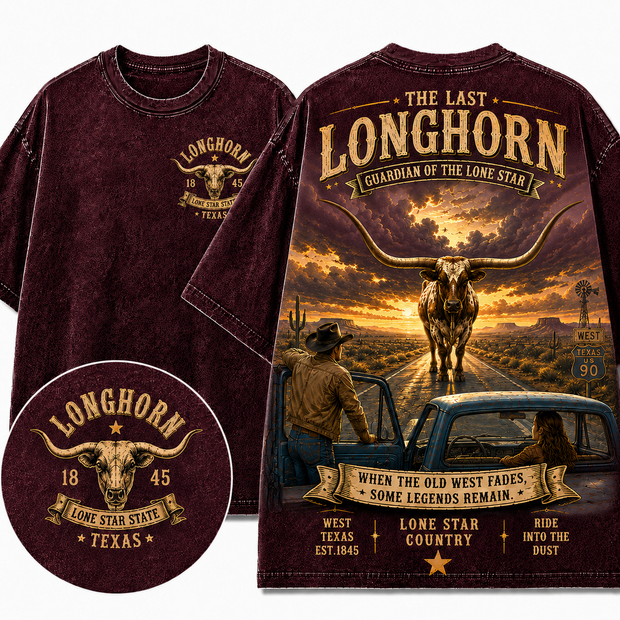"The Last Longhorn" Vintage Texas Route 90 Graphic Tee