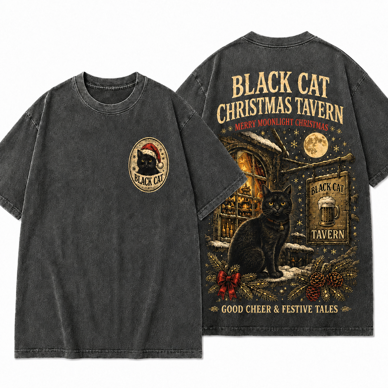 "Black Cat Christmas Tavern" Vintage Holiday Graphic Tee
