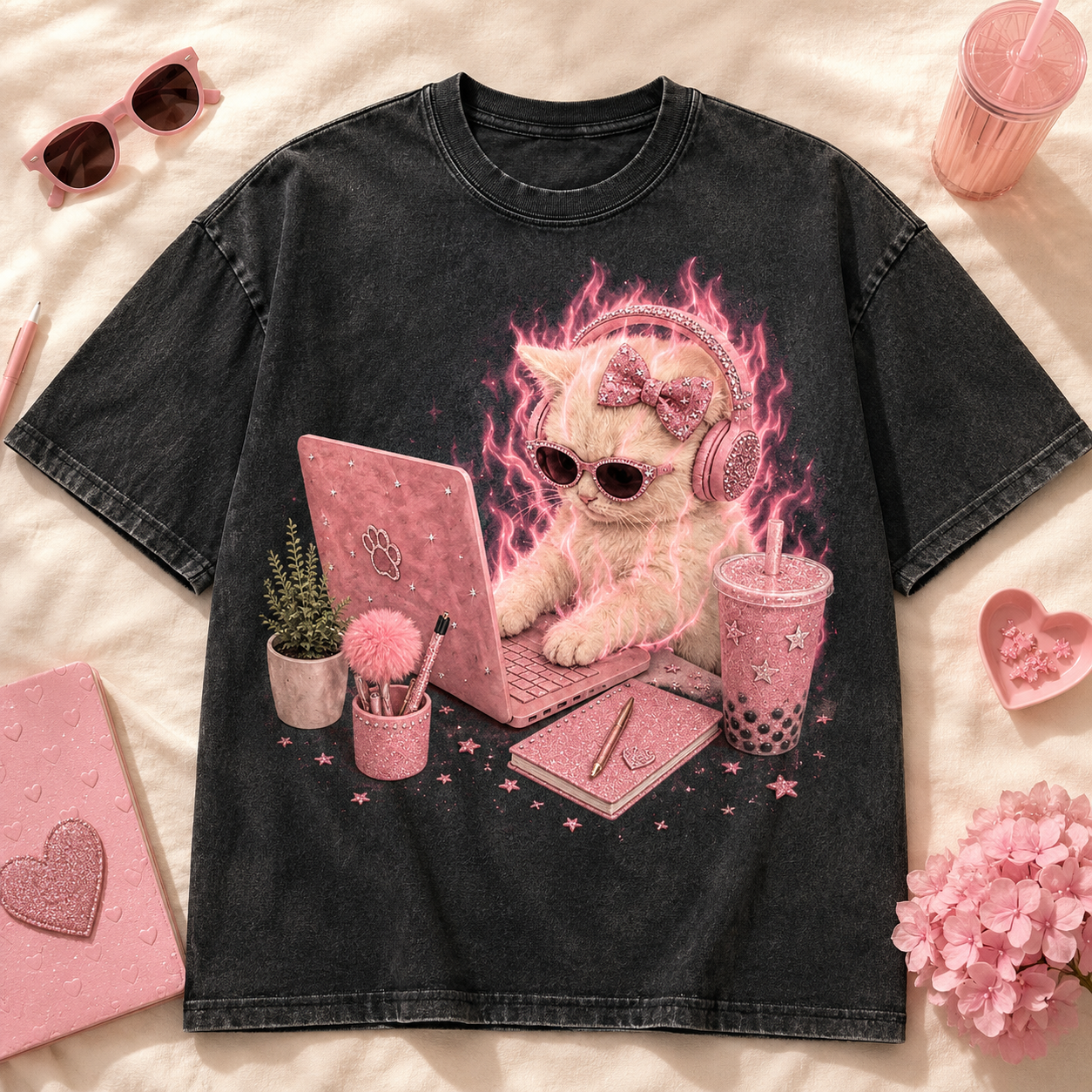 Self Care Glam Cat – Vintage Pink Cat Tee