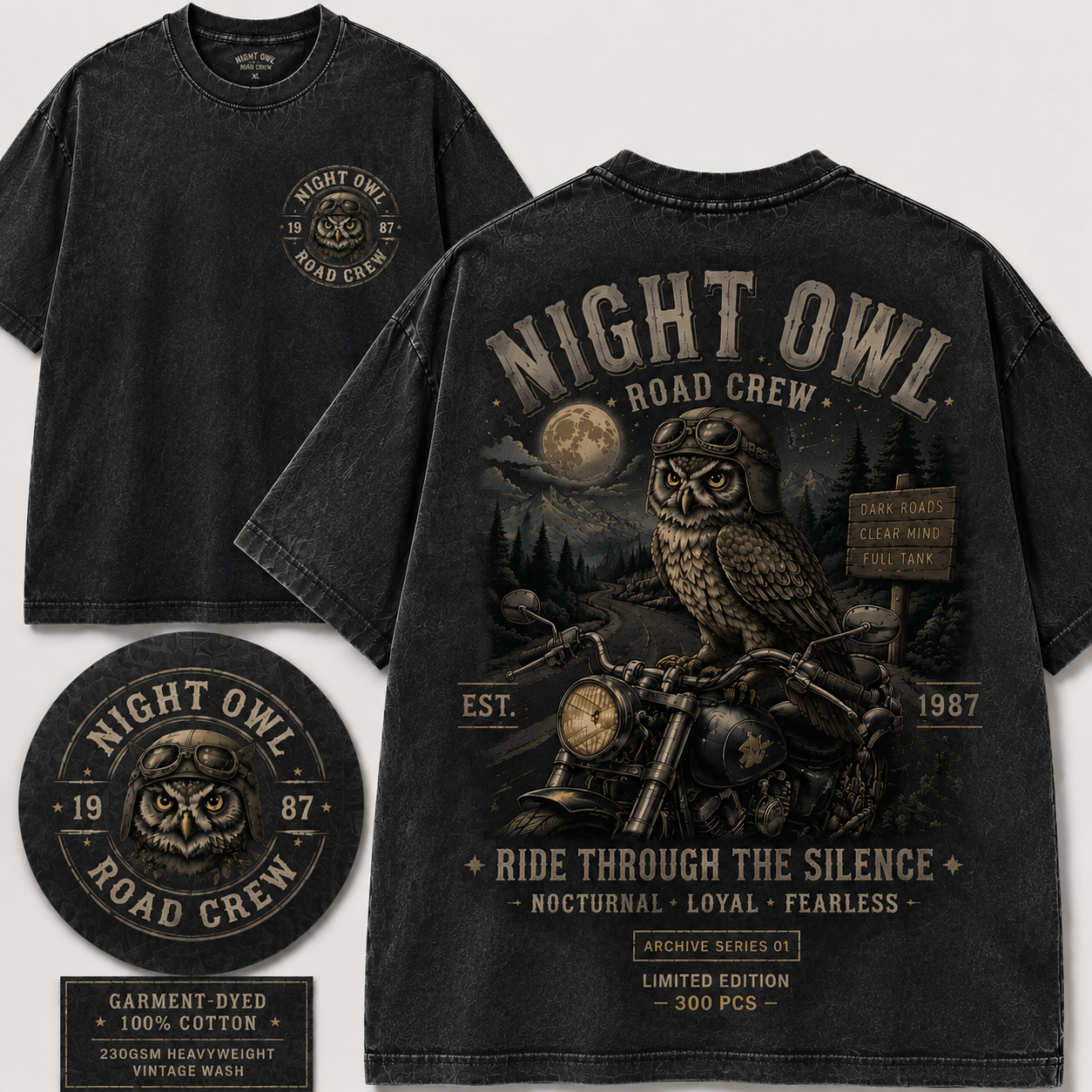 "Night Owl Road Crew" Vintage Biker Graphic Tee