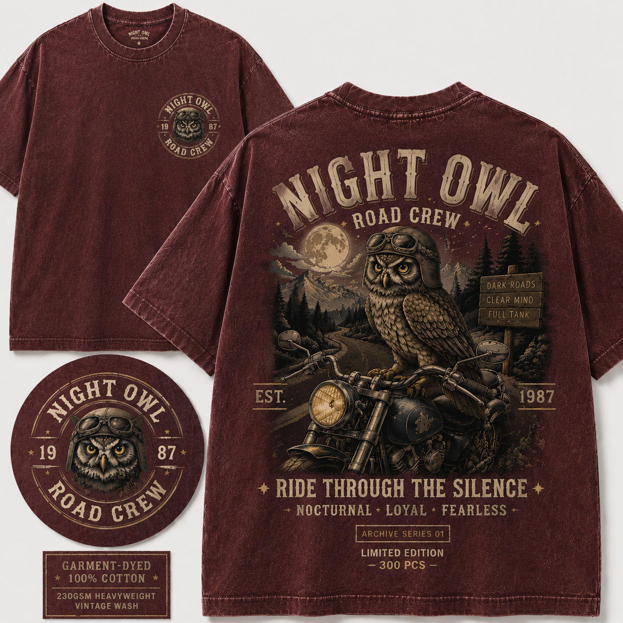 "Night Owl Road Crew" Vintage Biker Graphic Tee