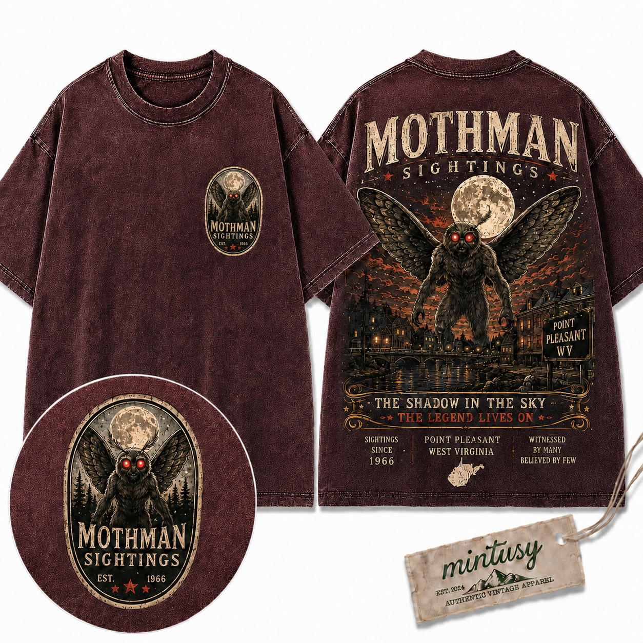 "Mothman Sightings" Vintage Point Pleasant Cryptid Graphic Tee