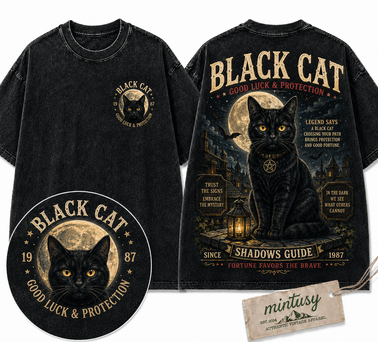 "Black Cat Protection" Vintage Mystical Graphic Tee