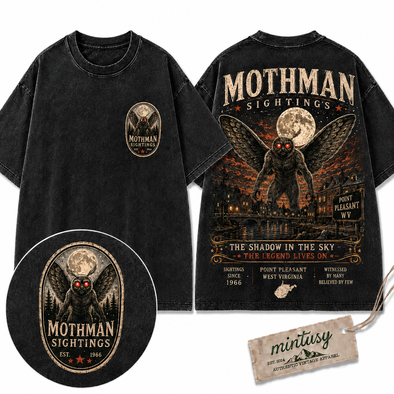 "Mothman Sightings" Vintage Point Pleasant Cryptid Graphic Tee