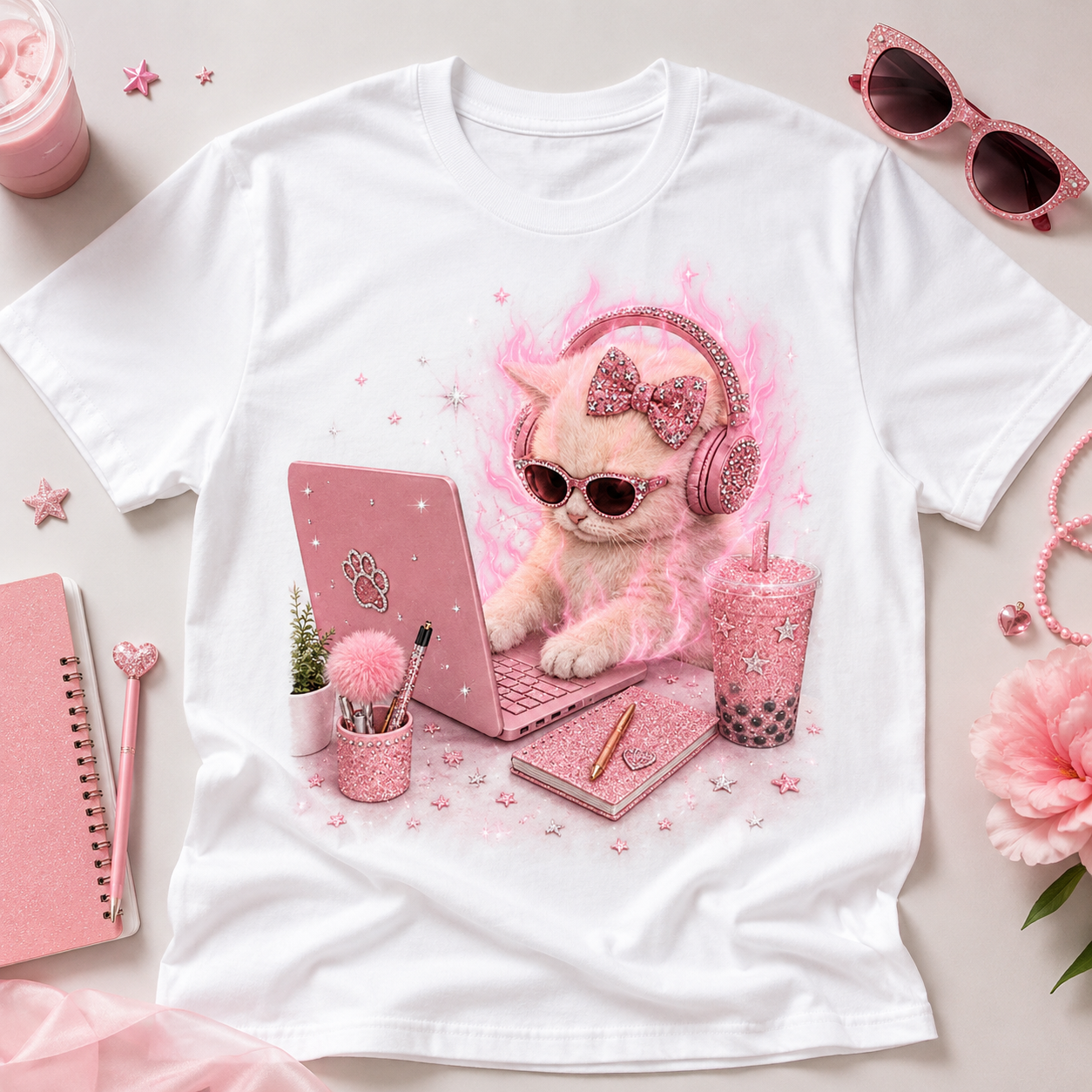 Self Care Glam Cat – Vintage Pink Cat Tee