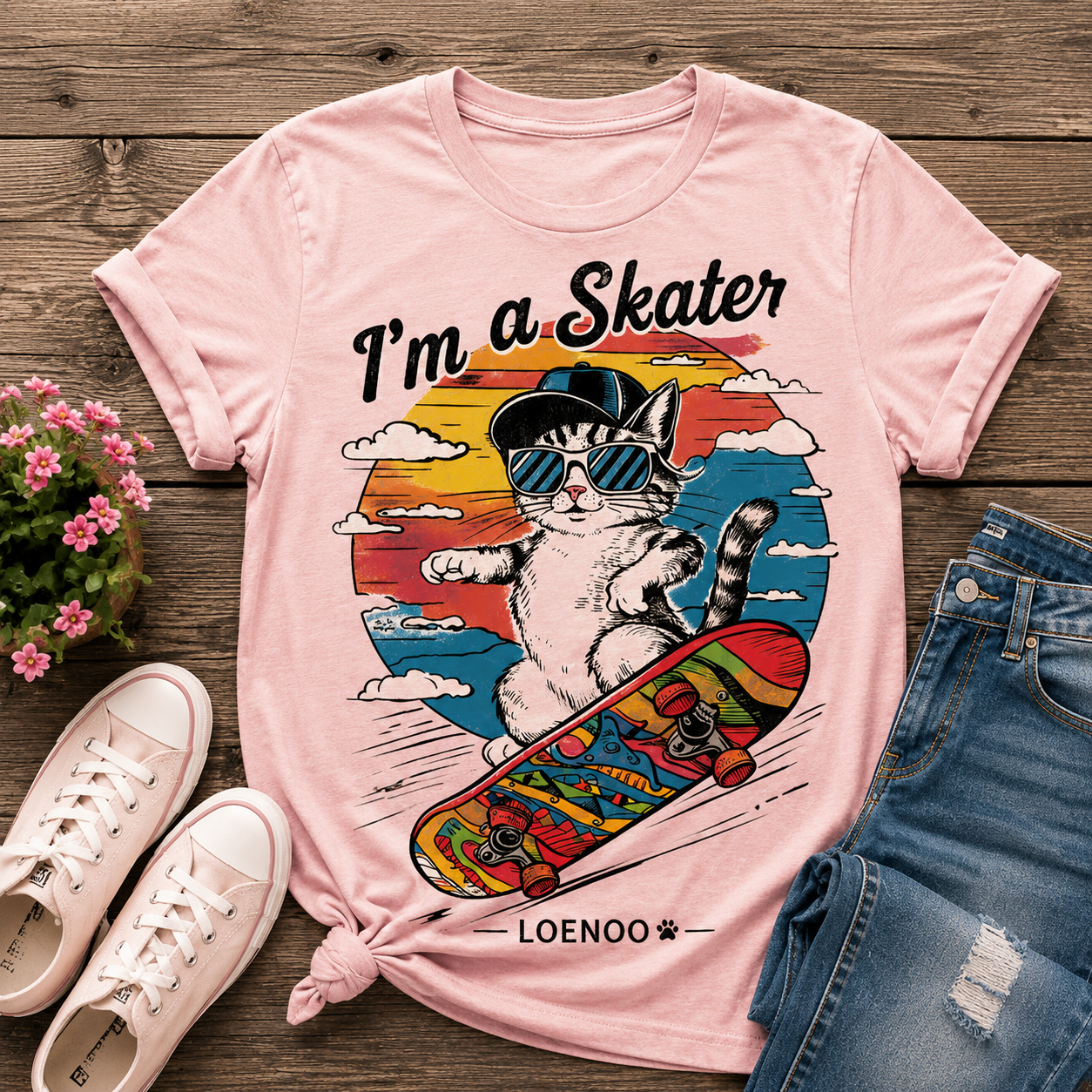 Ride the Good Vibes – Retro Skater Cat Tee