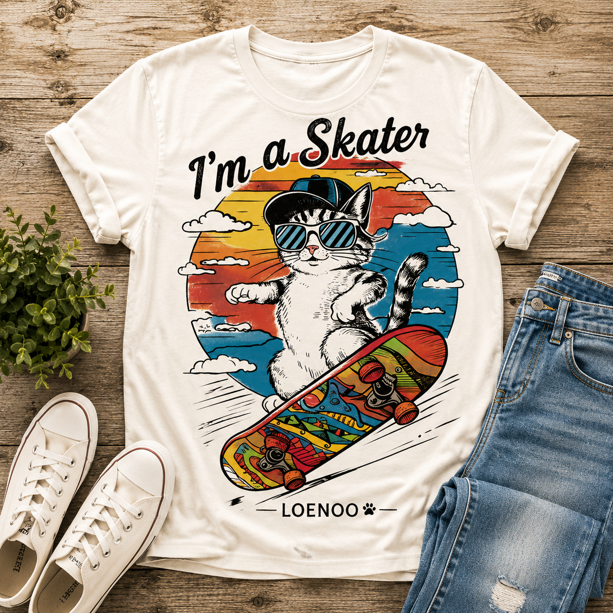 Ride the Good Vibes – Retro Skater Cat Tee