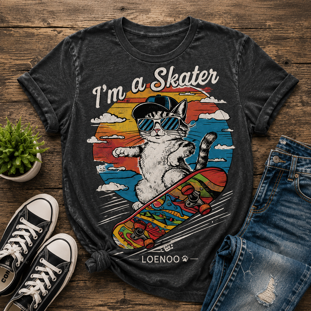 Ride the Good Vibes – Retro Skater Cat Tee