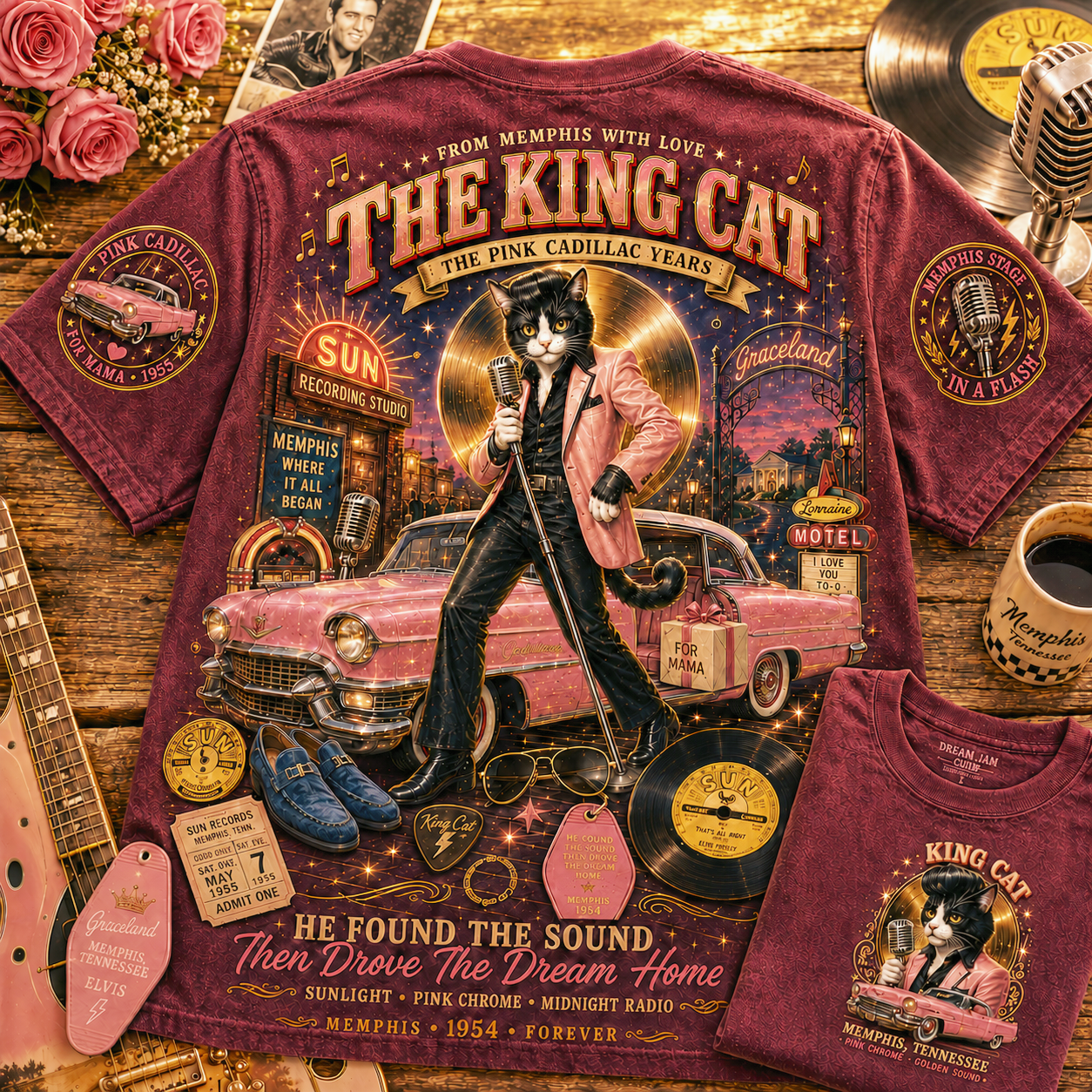 Memphis King Cat Pink Cadillac T-Shirt