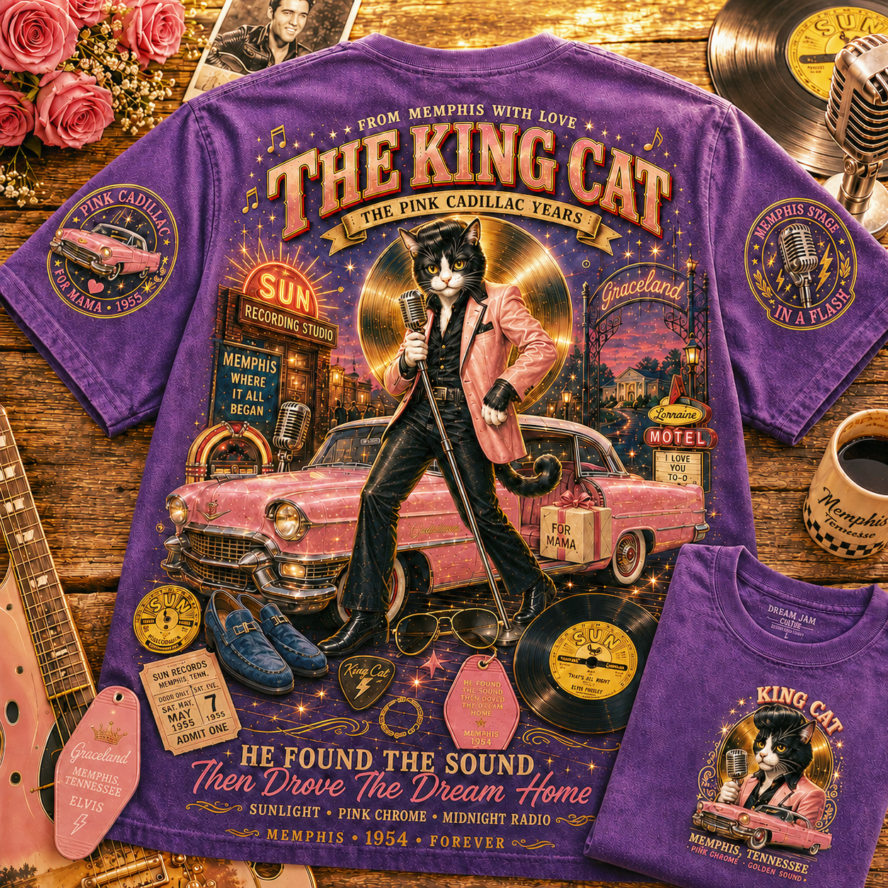 Memphis King Cat Pink Cadillac T-Shirt